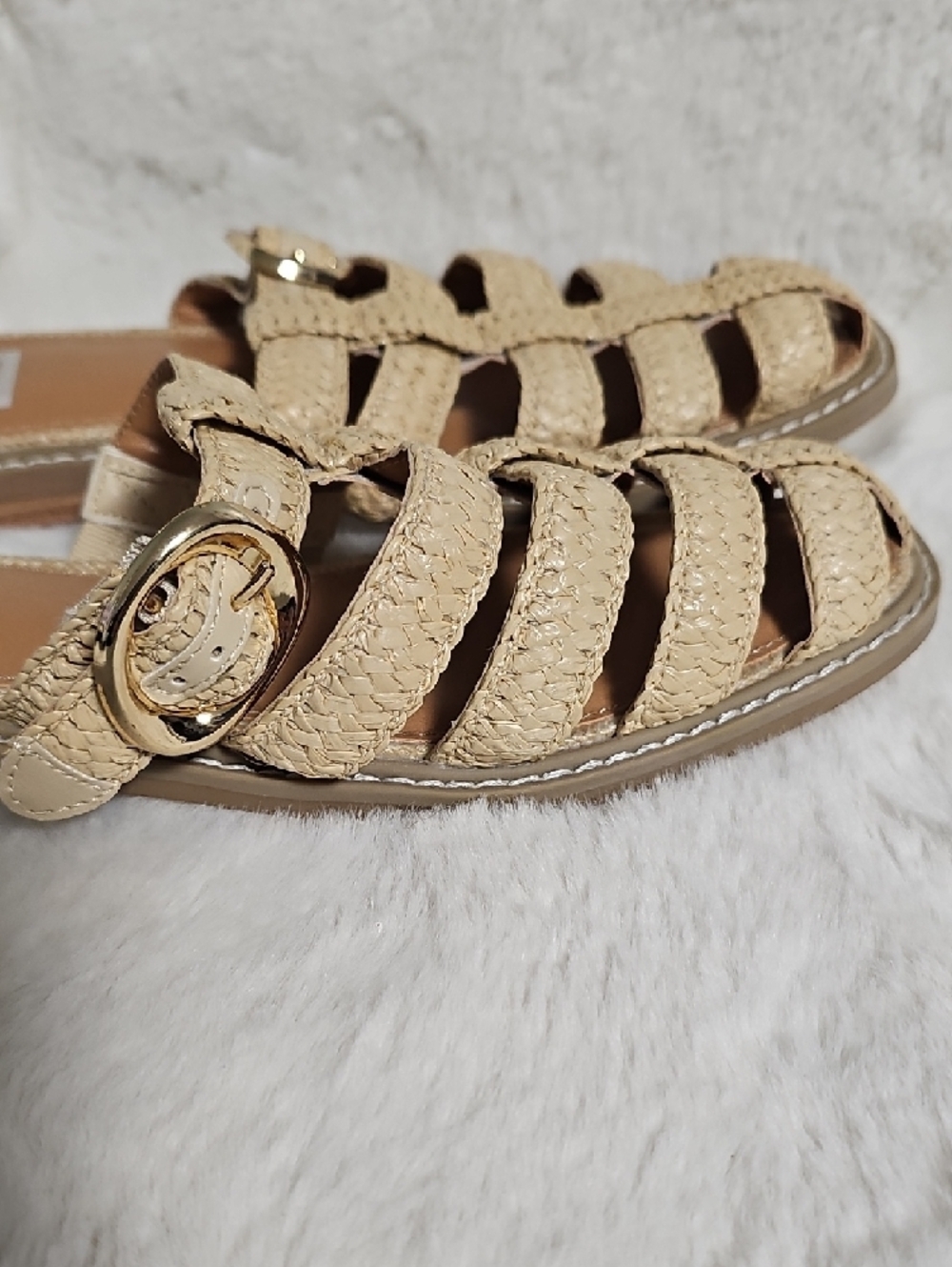 DV by Dolce Vita Beige Woven Slide Sandals with Gold Buckle - Picture 4 of 9